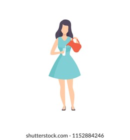 Young brunette woman pouring milk from a jug into a glass, girl drinking milk vector Illustration on a white background