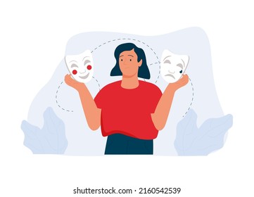 A Young Brunette Woman In A Red T-shirt Holds Masks With Different Emotions. Tired Woman Holds Masks With Positive And Negative Emotions. Girl Plays A Role, Or Feels Fake. Personality Change.