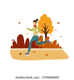 Young brunette woman running in the autumn park in sport clothes. Flat cartoon vector illustration isolated on white background.