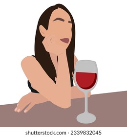 Young Brunette Woman Sits in the Table, or Bar With a Glass of Red Wine. Flat Vector Illustration