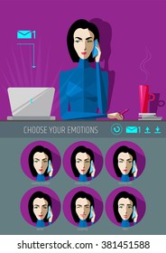 Young brunette woman sitting at her desk in office talking by the phone, icon under the laptop showing one incoming message. Various emotions and icons available.