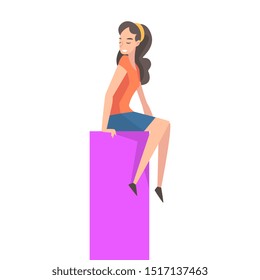 Young Brunette Woman Sitting on Rectangular Geometric Shape Vector Illustration