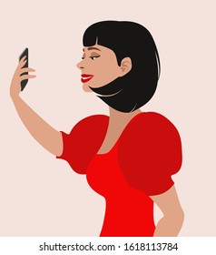 A young brunette woman takes a selfie on her smartphone. Flat vector stock illustration
