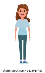 young brunette woman wearing pants and shirt avatar cartoon character vector illustration graphic design