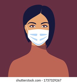 Young brunette woman wears medical mask. Virus and disease prevention. Concept of coronavirus 2019-nCoV quarantine. Avatar female portrait, full face. Stock vector illustration in flat style.