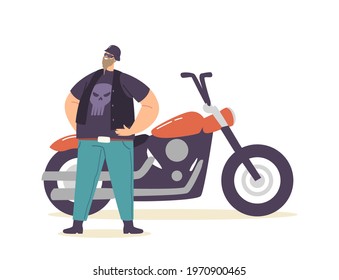 Young Brutal Biker in Leather Clothes with Skull Print Wearing Helmet and Goggles Stand at Custom Motorcycle, Bearded Fat Hipster Motorcyclist Character Enjoy Life. Cartoon People Vector Illustration
