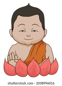 Young Buddha with Mudrakhya gesture in his hand and half-open eyes in cartoon style.