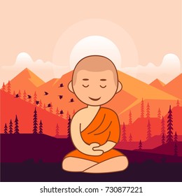 Young buddhist child meditating in lotus pose at sunset sitting in mountains. Happiness, spirituality, peace, mindfulness concept illustration vector.
