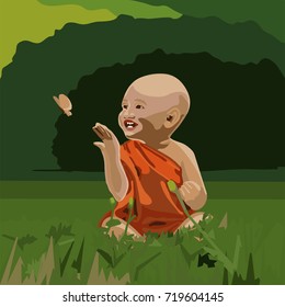 Young buddhist child playing with butterfly in green forest. Happiness, spirituality, peace, mindfulness concept illustration vector.
