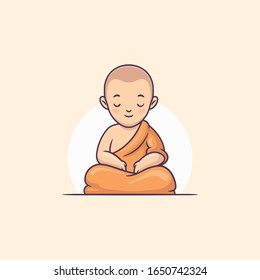 Young Buddhist Monk Meditating Vector Cartoon Illustration