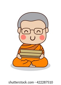 Young Buddhist monk wearing glasses reading scriptures. Vector Illustration.