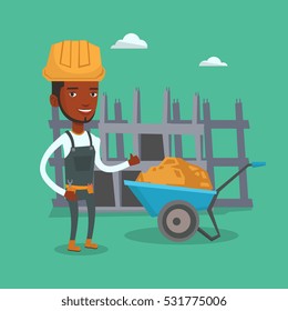 Young builder in hard hat giving thumb up. An african-american builder with thumb up standing near wheelbarrow. Builder at work on construction site. Vector flat design illustration. Square layout.