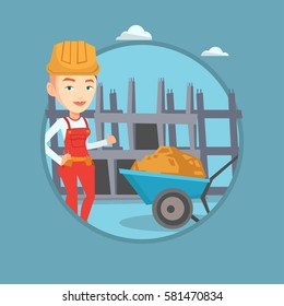 Young builder in hard hat giving thumb up. Builder with thumb up standing near wheelbarrow. Builder at work on construction site. Vector flat design illustration in the circle isolated on background.