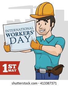 Young builder with his safety gear remembering to you that is International Workers' Day.