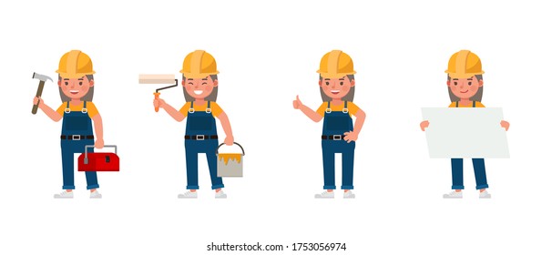 Young builder kid in blue uniform vector character design. Presentation in various action with emotions.