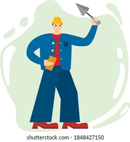 Young builder. A man with a spatula. The guy in the red T-shirt and blue jacket. Hyperbolic character. The young man is a builder by profession. Man in an orange helmet
