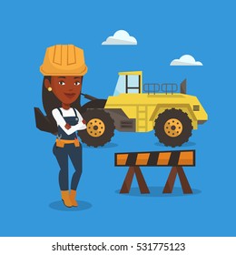 Young builder standing with arms crossed. Confident builder in hard hat. An african-american builder standing on the background of construction site. Vector flat design illustration. Square layout.