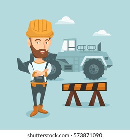 Young builder standing with arms crossed. Confident builder in hard hat. Caucasian builder standing on the background of construction site or road works. Vector flat design illustration. Square layout
