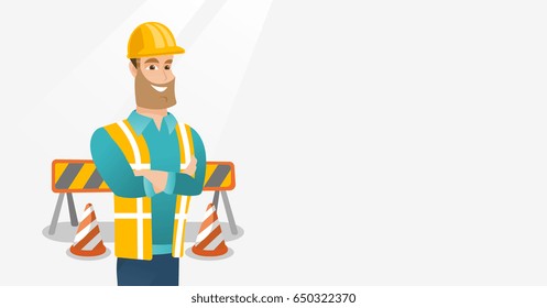Joven constructor de pie con los brazos cruzados. Creador de confianza con sombrero duro. Constructor caucásico con casco sobre el fondo de las barreras de la carretera. Ilustración de diseño plana vectorial. Diseño horizontal.