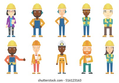 Young builder standing with folded hands. Confident builder in hard hat. Smiling builder in overalls with belt with tools. Set of vector flat design illustrations isolated on white background.