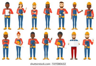 Young builder standing with folded hands. Confident builder in hard hat. Smiling builder in overalls with belt with tools. Set of vector flat design illustrations isolated on white background.