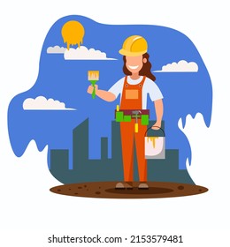 un joven constructor-artista con un uniforme de trabajo y con herramientas y un cepillo en la mano se para en el fondo de la ciudad y dibuja el sol