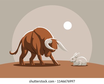 A young bull, a calf is attacking a rabbit. Vector illustrtion.