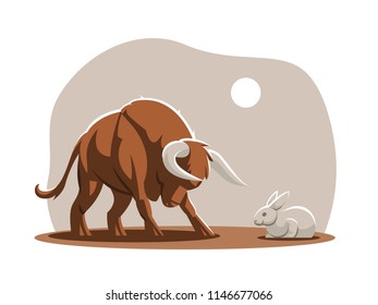 A young bull, a calf is attacking a rabbit. Vector illustrtion.
