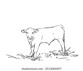 Young bull on the grass, full-length portrait, Calf standing sideways and turning its head towards the viewer, Hand drawn vector illustration