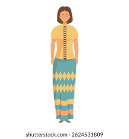 Young burmese woman is standing and smiling in this illustration