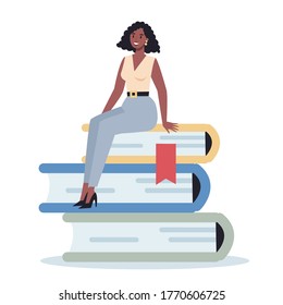 Young business character standing near big stack of books. Female character with book. Knowledge and education concept. Flat vector illustration