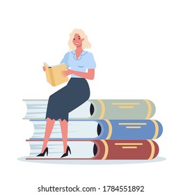 Young business character standing near big stack of books. Female character with book. Knowledge and education concept. Flat vector illustration