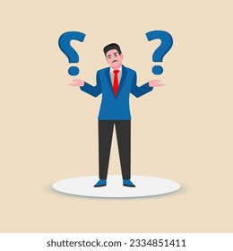 A young business confused and uncertain with doubt standing with big question mark.Vector Illustration.Flat design.