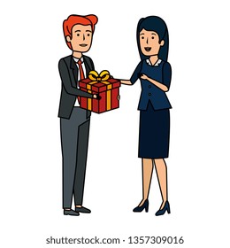 young business couple with gift box