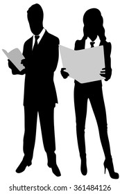 young business couple reading 