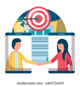 young business couple team with smartphones vector illustration design