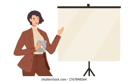 Young business female in suit presenting in front of empty board. Concept of presentation, advertisement, conference, working woman, explaining marketing, professor lecture. Flat vector illustration.