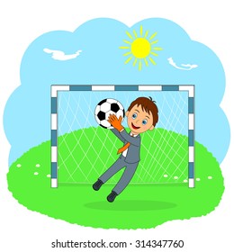 young business goalkeeper catching a ball on a green meadow,illustraition,vector
