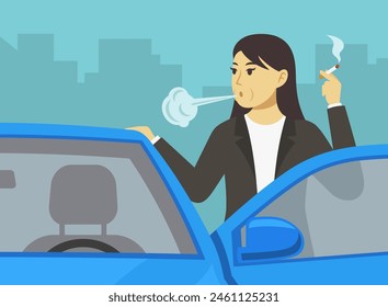 Young business lady or manager leaning on the car door and smoking. Close-up front view. Flat vector illustration template.