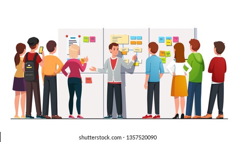 Young Business Leader Man Entrepreneur Explaining Answering Students Crowd Group Questions After Workshop Event Lecture Standing At Big Whiteboard With Sticky Notes Diagram. Flat Vector Illustration