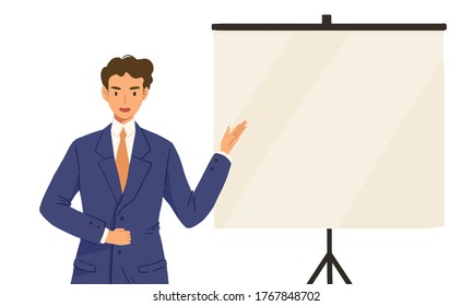Young business male in suit presenting in front of board. Concept of presentation, office meeting, conference, pitching work, explaining marketing, professor lecture. Flat vector illustration.