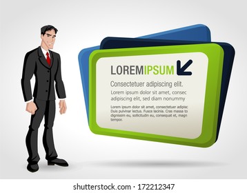 Young business man and billboard. Presentation screen.