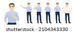 Young business man in blue shirt different gestures set isolated vector illustration