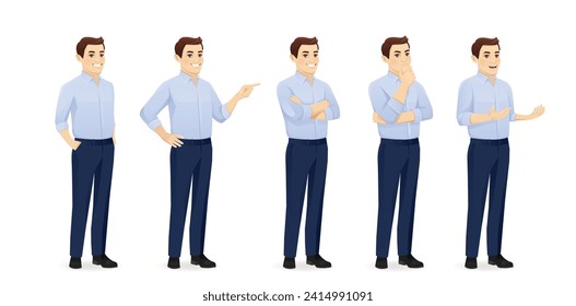 Young business man in blue shirt half turn view different gestures set isolated vector illustration