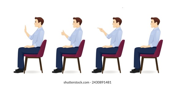 Young business man in blue shirt sitting in the chair side view different gestures set isolated vector illustration