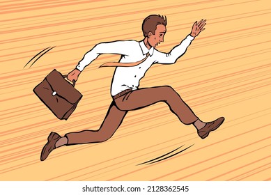 A young business man with a briefcase in hand is in a hurry. Runs at high speed. Vector cartoon illustration pop art drawn