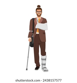 Young business man with broken leg bandage cast walking using crutches. Flat Vector Illustration Isolated on White Background 