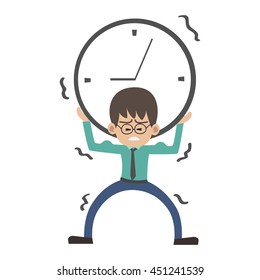 Young business man carrying heavy clock. Salary man has hard work and busy. Character design vector illustration.