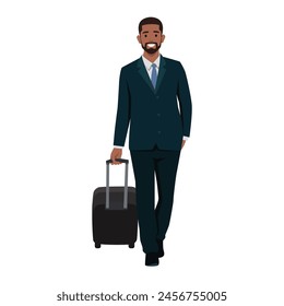 Young business man carrying a luggage. Flat vector illustration isolated on white background