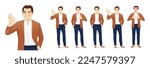 Young business man in casual clothes different poses set. Various gestures - greeting, showing ok sign, thumbs up isolated vector illustration